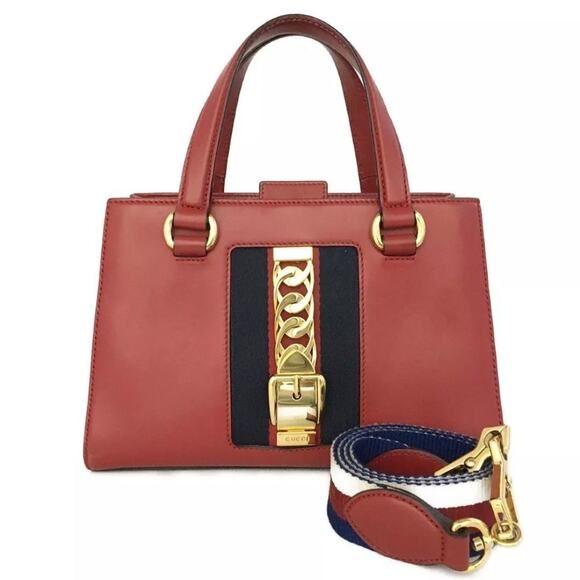 GUCCI Sylvie Sherry Line Leather 2way Hand Bag  Red - Picture 1 of 8